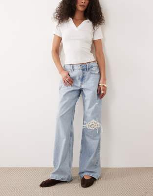 Abercrombie & Fitch Baggy Fit Low Rise Jeans With Crochet Rip Detail In Blue