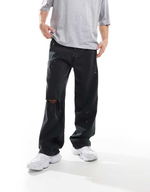 Abercrombie & Fitch - Baggy timmermansjeans met verfspetters in vintage zwart