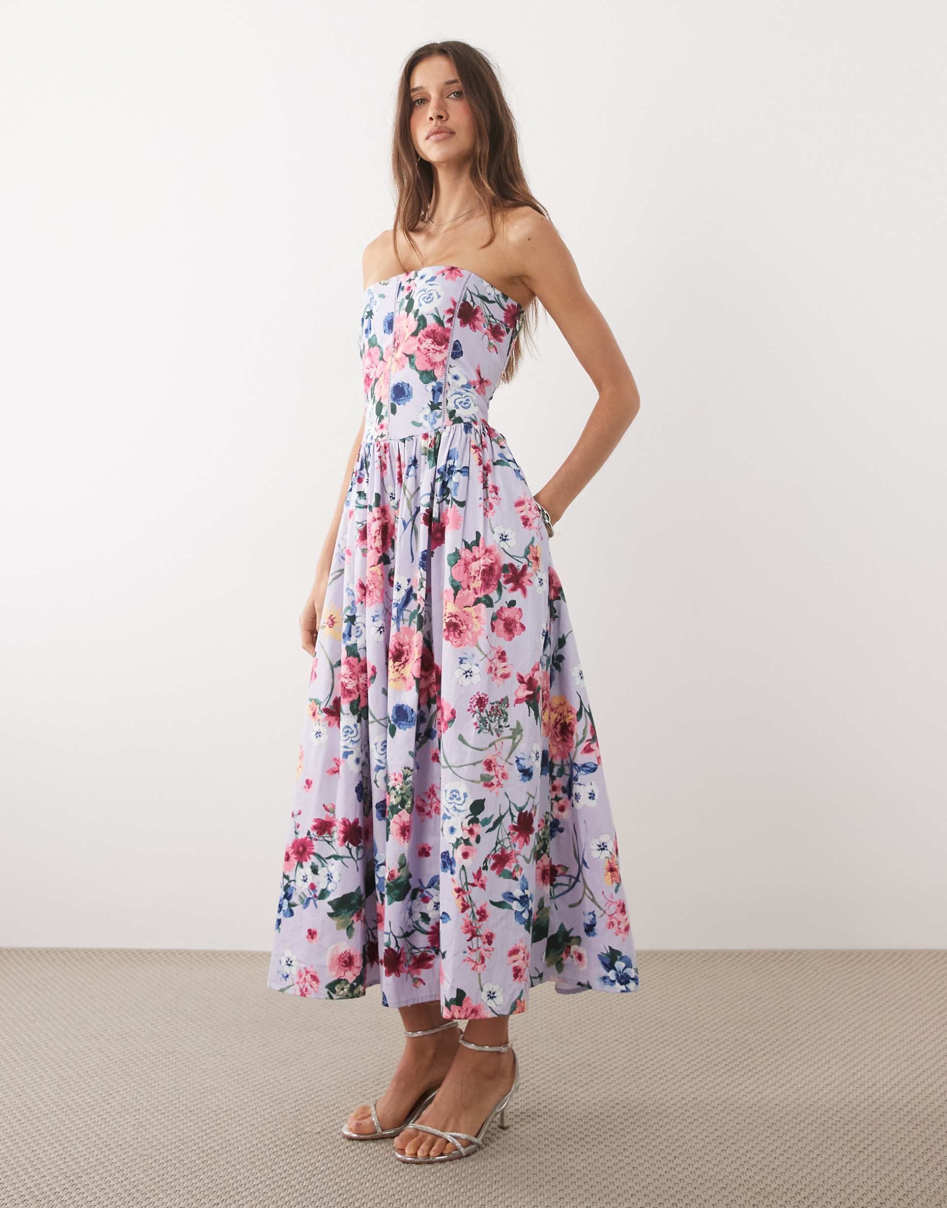 abercrombie & fitch bandeau corset waist detail maxi dress in floral print