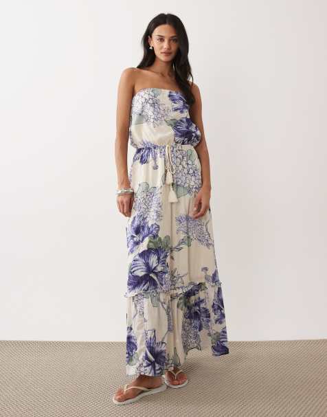 Abercrombie & Fitch bandeau tiered maxi dress with floral print in cream - view 1