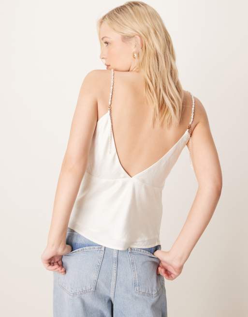 Abercrombie & Fitch bare back pearl shell cami top in white, 3 of 4