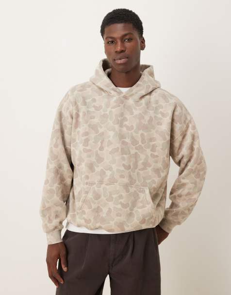 Abercrombie & Fitch – Basic-Kapuzenpullover in Creme mit Military-Muster und Fronttasche - view 1