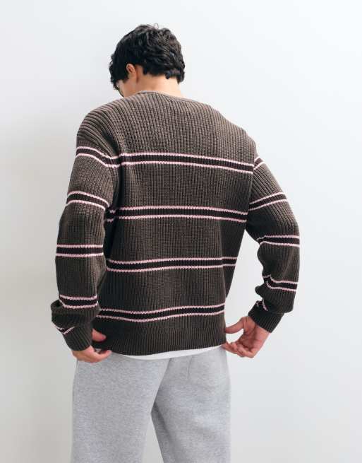 Abercrombie & Fitch Baumwoll-Pullover mit Rundhalsausschnitt in braun-rosa Streifen, 5 von 5
