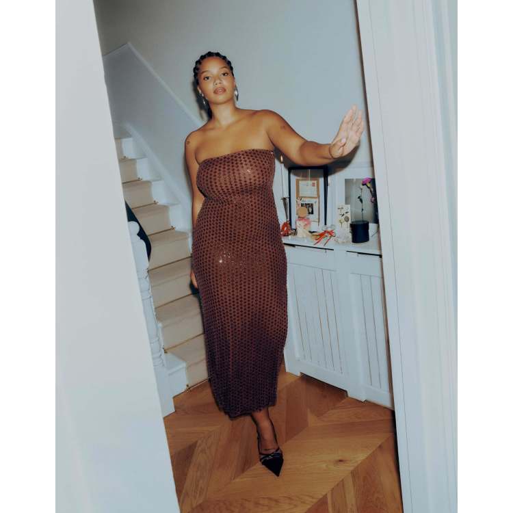 Abercrombie & Fitch beaded bandeau maxi dress in brown sequin | ASOS