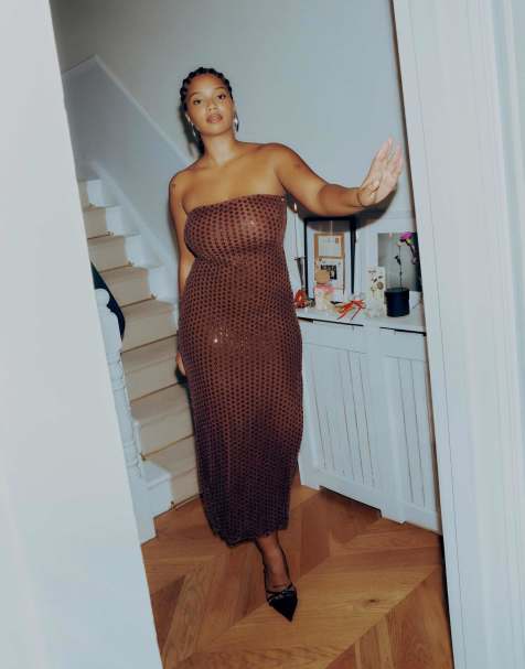 Abercrombie & Fitch beaded bandeau maxi dress in brown sequin