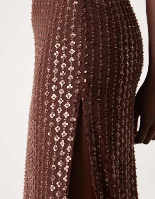 Abercrombie & Fitch beaded bandeau maxi dress in brown sequin | ASOS