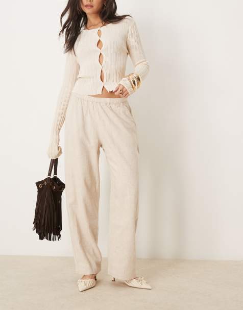 Abercrombie & Fitch – Beige byxor i linnemix med raka ben och elastisk midja - view 1