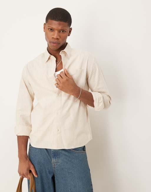 Abercrombie & Fitch - Beige, langærmet og cropped skjorte i hør med striber