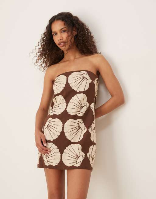 Abercrombie & Fitch - Beige skort-minikjole i hør med bandeau-design og blomstermønster