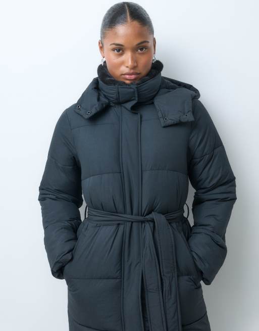 Abercrombie & Fitch belted longline puffer jacket with collar in black, 5 of 5