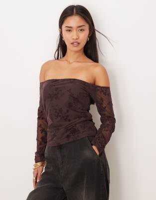 Abercrombie & Fitch - BH-freies, schulterfreies Oberteil aus Spitze in Braun-Brown