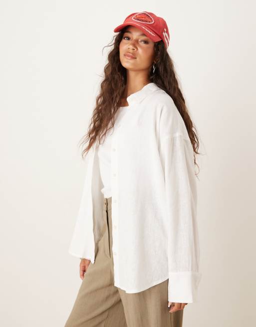 Abercrombie & Fitch – Biała koszula oversize z długimi rękawami, z mieszanki lnu