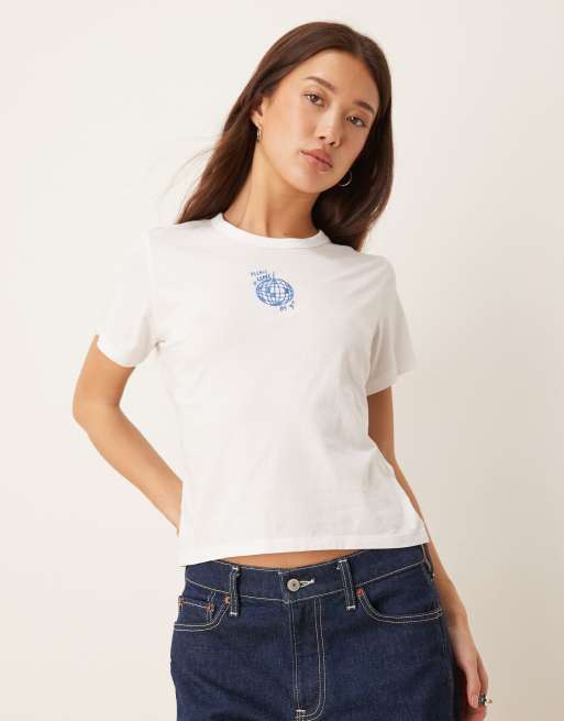 Abercrombie & Fitch – Biała krótka koszulka z grafiką z kulą dyskotekową