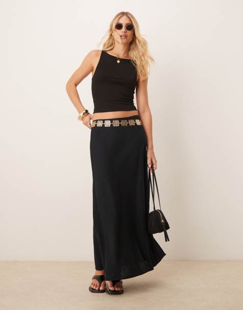 Abercrombie & Fitch bias cut linen maxi skirt in black - view 1