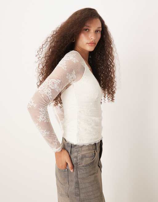 Abercrombie & Fitch – Biały koronkowy top z długimi rękawami i dekoltem w kształcie serca