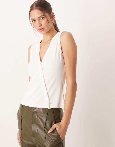 Abercrombie & Fitch rib longline asymetric button down tank top in white