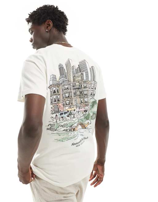 Abercrombie & Fitch – Biały T-shirt o luźnym kroju z grafiką z Nowym Jorkiem na plecach