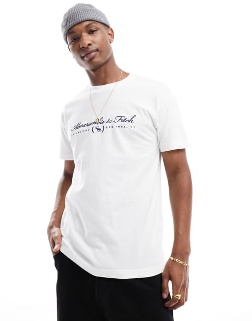 Abercrombie & Fitch – Biały T-shirt o luźnym kroju z napisem z logo