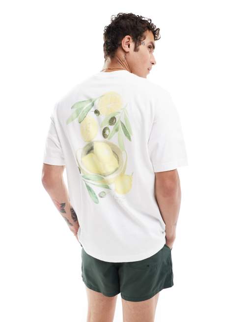 Abercrombie & Fitch – Biały T-shirt oversize z nadrukiem owoców i kwiatów na plecach