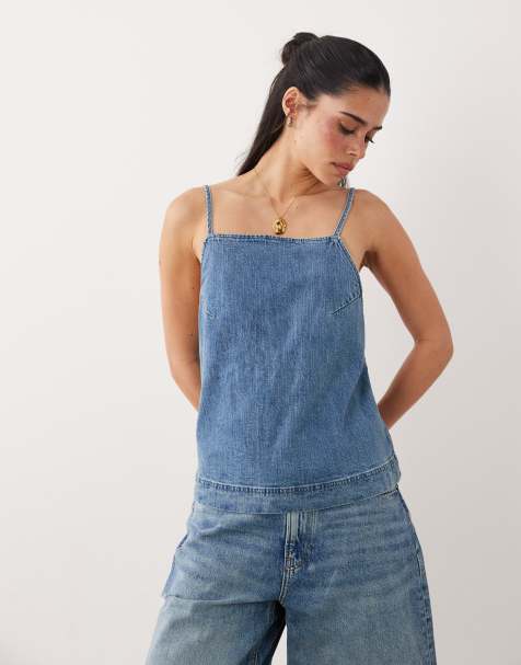 Abercrombie & Fitch - Blå cami-top med bindebånd bagpå i denim - view 1