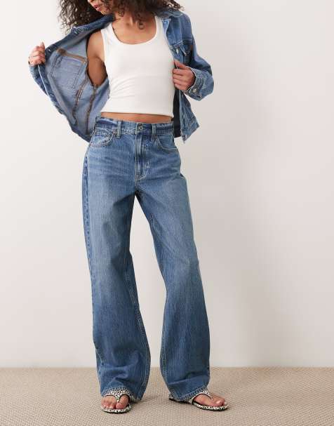 Abercrombie & Fitch - Blå forvaskede og højtaljede jeans i løstsiddende pasform - view 1