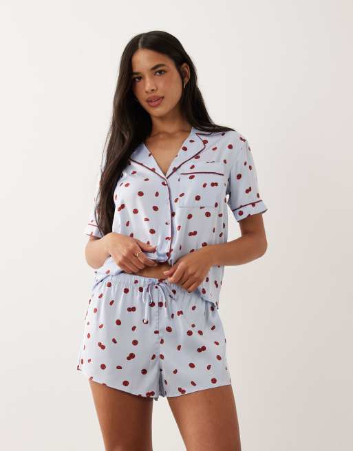 Abercrombie & Fitch – Blå och tomatröd, prickig pyjamas i satin, 2 av 3