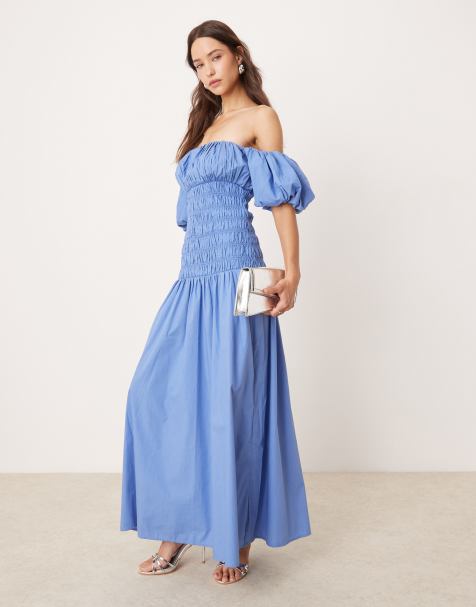 Abercrombie & Fitch - Blå offshoulder-maxikjole med lavtsiddende talje og fliseprint - view 1