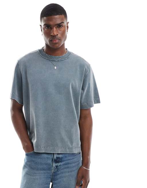 Abercrombie & Fitch - Blå og cropped T-shirt i syrevask med firkantet pasform og korte ærmer