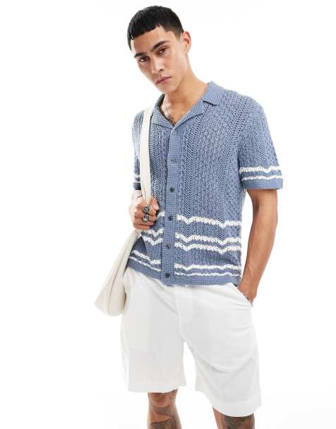 Abercrombie & Fitch - Blå poloskjorte med gennemgående knapper og hvide striber i hulstrik - view 1