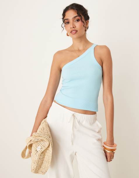 Abercrombie & Fitch - Blå ribstrikket asymmetrisk oneshoulder-tanktop - view 1