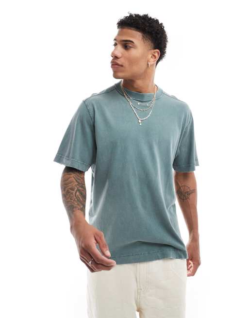 Abercrombie & Fitch - Blå T-shirt med vintage-stil i slidt syrevask