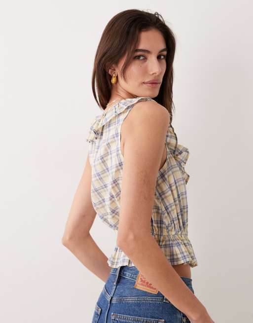 Abercrombie & Fitch – Blårutig milkmaid-topp med volang, 3 av 4