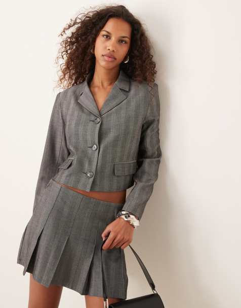 Abercrombie & Fitch - Blazer corto grigio a spina di pesce a righe in coordinato - view 1