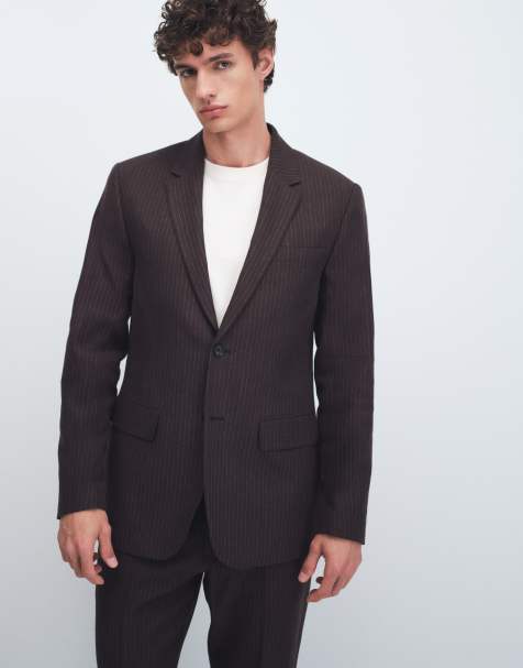 Abercrombie & Fitch - Blazer d'ensemble ajusté en lin mélangé rayé à boutonnage simple - Marron - view 1