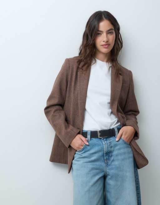 Abercrombie & Fitch blazer extragrande de lana a cuadros marrones, 2 de 5