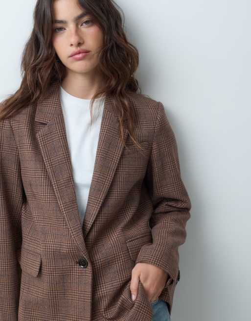 Abercrombie & Fitch blazer extragrande de lana a cuadros marrones, 4 de 5