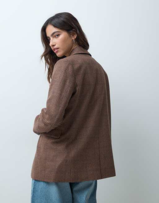 Abercrombie & Fitch blazer extragrande de lana a cuadros marrones, 5 de 5