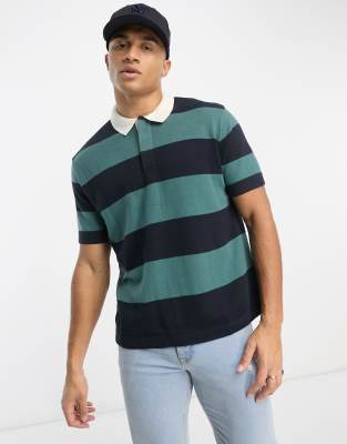 Abercrombie & Fitch block stripe oversized knitted rugby polo in blue/green - ASOS Price Checker