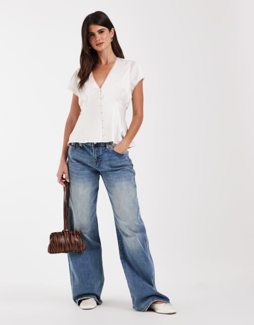 Abercrombie & Fitch blouse col V à manches courtes crème, 3 de 4