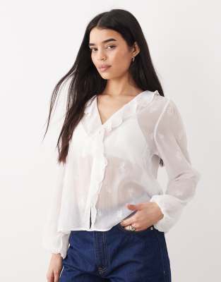 Blouse fluide à manches longues et volants devant - Blanc XL