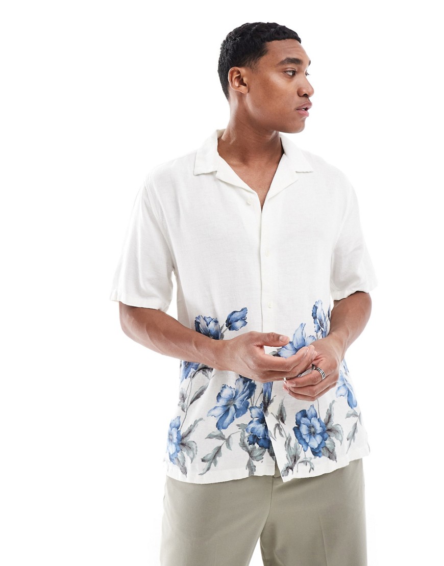 Abercrombie & Fitch blue floral print linen blend short sleeve shirt in white with revere collar