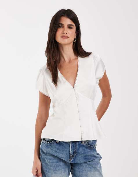 Abercrombie & Fitch blusa a maniche corte con scollo a V color crema - view 1