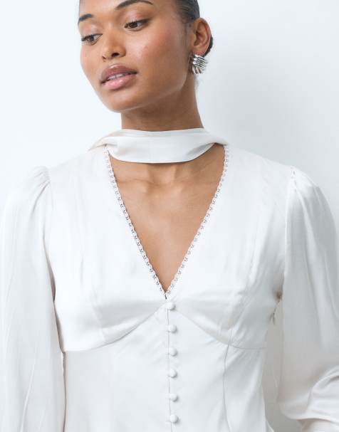 Abercrombie & Fitch Bluse mit Knopfleiste und Schal-Detail in cremefarbenem Jacquard - view 1