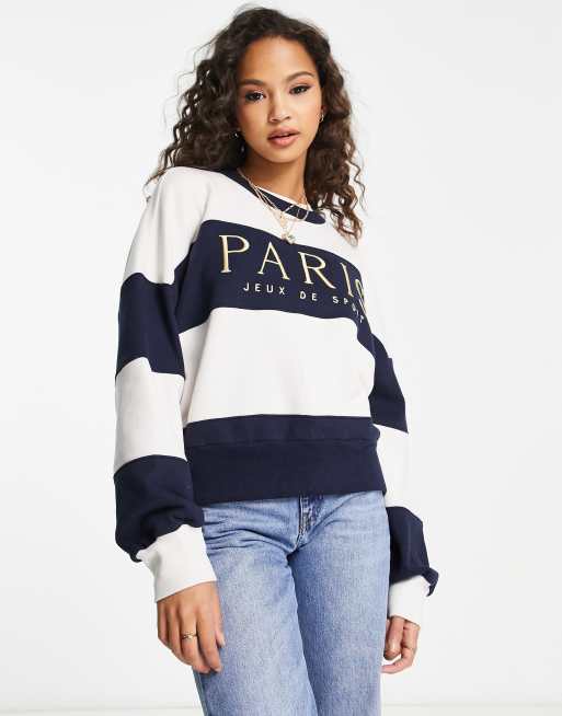 Abercrombie & Fitch – Bluza z okrągłym dekoltem w niebieskie paski z napisem Paris 