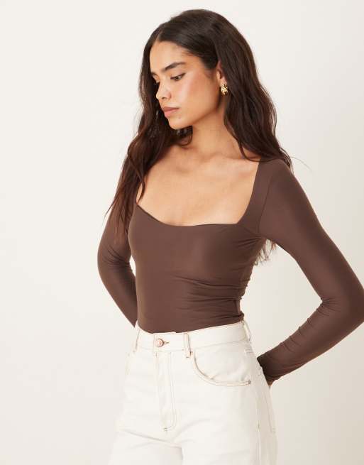 Abercrombie & Fitch - Body met lange mouwen en bh-inzetstuk in bruin