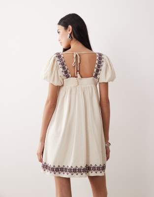 Abercrombie & Fitch Boho Embelished Puff Sleeve Babydoll Mini Dress In White