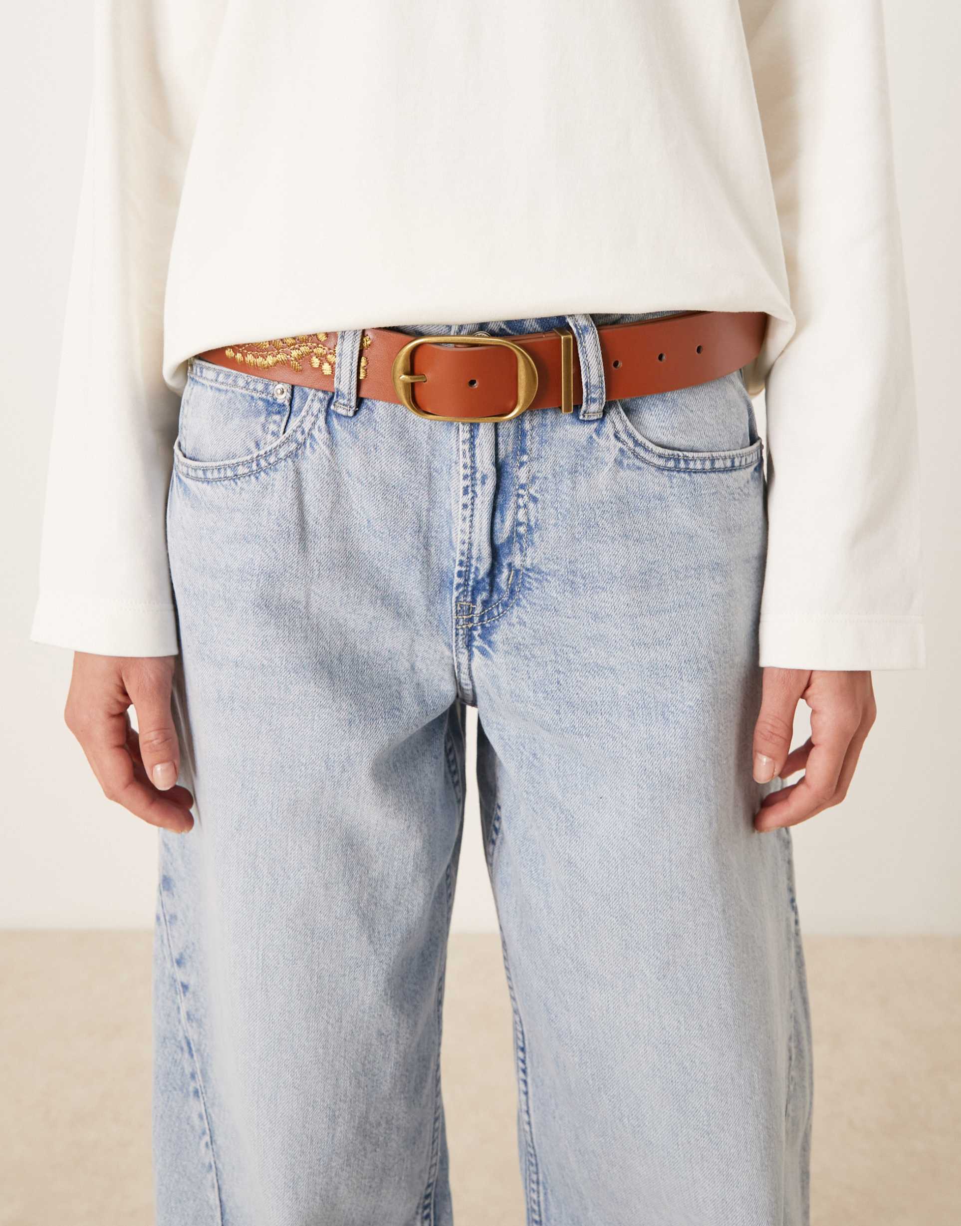 abercrombie & fitch boho embroidered faux leather belt in brown