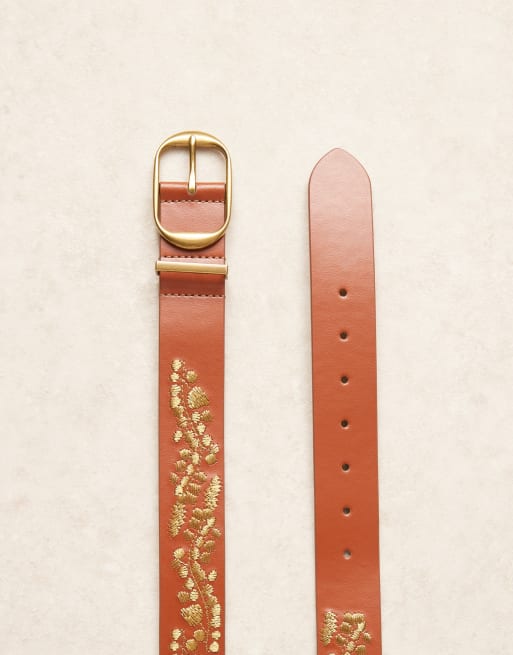 Abercrombie & Fitch boho embroidered faux leather belt in brown, 2 of 3