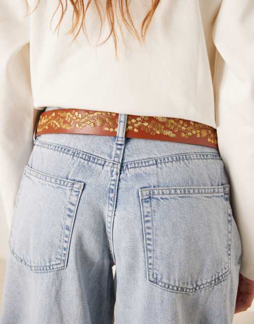 Abercrombie & Fitch boho embroidered faux leather belt in brown, 3 of 3