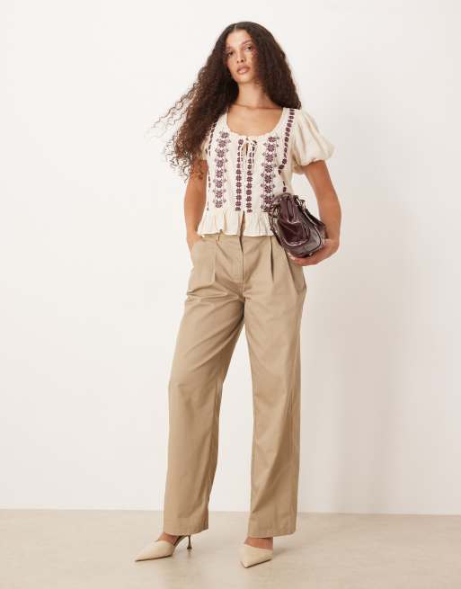 Abercrombie & Fitch boho embroidered short sleeve top in cream, 2 of 4